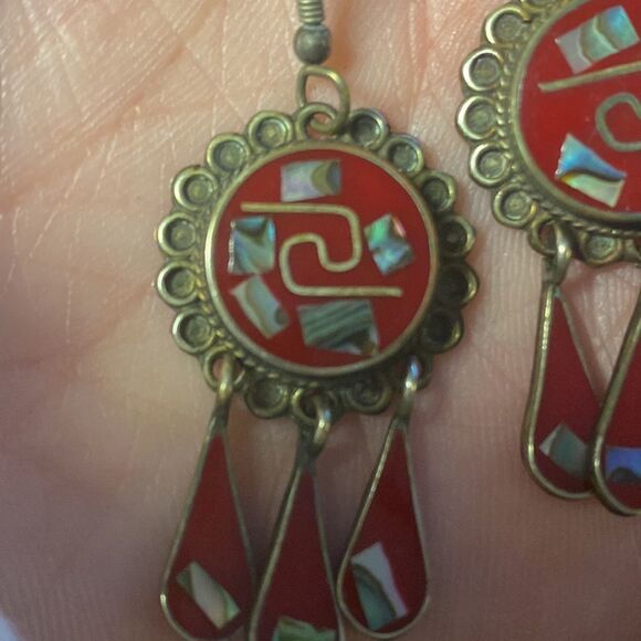 Vintage Signed ALPACA MEXICO Red Round w/Abalone Inlay Earrings Teardrop Dangles - Picture 3 of 10